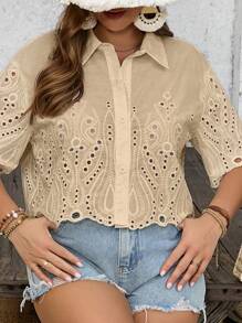 SHEIN VCAY Plus Size Nữ Kỳ Nghỉ Thêu Hoa Tay Ngắn Áo Kiểu dáng Rộng - Màu be - Xem 5