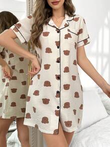 Vestido de dormir con botones y cuello de solapa con estampado de osos para dama, ideal para vacaciones