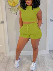 Slaydiva Plus Size Yellow Sleeveless Casual Street Slouchy Slim Sports Shorts Macaron Dopamine Color Shorts Ladies Elastic Waist Suit-F
