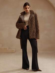 Anewsta Fluffy Jacket For Women With Leather Patchwork And Fluffy Surface - Brown - View 1