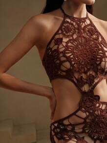 Anewsta Elegant Brown Beach Cover-Up Crochet Knit Dress For Vacation, For Summer - Coffee Brown - View 7