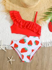 Girls' Digital Strawberry Print Red Hollow Ruffled One-Piece Swimsuit - Red - View 1