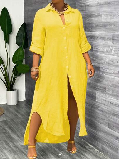 Slaydiva Plus Size Elegant Casual sommar/höst Gul skjorta stil klänning med knapp fram-Z