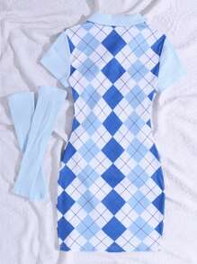 SHEIN Leap Crew Teen Girls' Blue Diamond Checkered Preppy Style Collared Knitted Dress With Long Sleeves Set - Blue and White - View 2