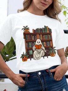 Camiseta de fantasmas leyendo libros, maestra, Halloween, bibliotecaria, libros - Blanco - Ver 5