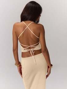MUSERA Beach Knit Halterneck Crop Top Summer - Apricot - View 2