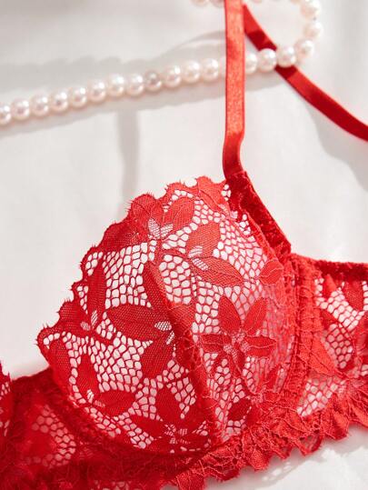 Romantic Doorschijnende Kanten Rood Verleidelijke BH Slipje Lingerie Set view 5