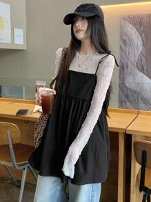 DAZY 女士纯色蝴蝶结荷叶边下摆吊带背心，夏季 - 黑色 - 查看 7