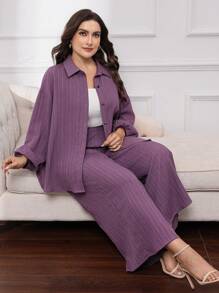 Mulvari Conjunto de talla grande para mujer con camisa de hombros caídos y pantalones pata ancha para primavera y verano, camisa informal de manga larga con ajuste holgado y abotonadura, y pantalones largos pata ancha - Morado - Ver 3