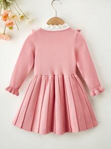 Baby Girls' Pink Casual Simple Elegant  Ruffle Bow Sweater Dress, Displaying An Elegant,  And Cute Design Style With A Simple And Sophisticated Silhouette. The Pink Tone Creates A Sweet And Warm Atmosphere, Suitable For Baby Girls To Wear. The Ruffle Edge And Bow Design Add A  And Playful Element To The Overall Look, Showcasing The Purity And Cuteness Of The Little Girl. The Sweater Fabric Is Warm And Comfortable, Suitable For Wearing In The Autumn And Winter Seasons. The Dress Design Is Simple And Generous, Easy To Put On And Take Off, Suitable For Daily Wear. This Dress Pays Attention To Details, Reflecting Exquisite Craftsmanship And Quality Assurance. Whether At Home Or Out And About, This Pink Sweater Dress Can Showcase The Elegance And Cuteness Of The Baby. The Simple Yet Elegant Style Is A Fashionable Item To Showcase The Charm Of The Little Girl, Creating A Warm And  Atmosphere When Worn. - Pink - View 2