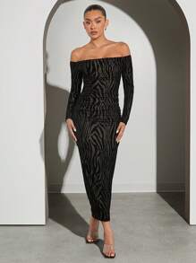 Hauture 露肩褶皺連身裙，夏季修身性感連衣裙 - 黑色 - 查看 3