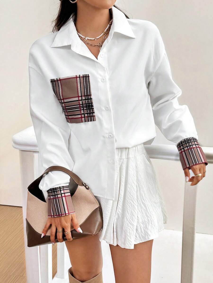 SHEIN Essnce New Spring/Autumn Plaid Patchwork Cape-Style Women's Shirt - White - View 1