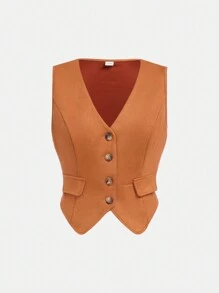 SHEIN Girlism Conjunto de dos piezas retro para adolescentes con chaleco y falda plisada en color marrón