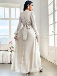 Modelyn Women's Spring & Summer Elegant Solid Color Lantern Sleeve Maxi Arabic Style Dress - Mint Green - View 5