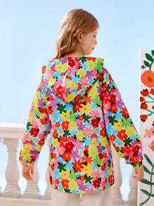 SHEIN Tween Mädchen Reißverschluss Blumen Muster Taillenbund Kapuze Freizeit Urlaubsjacke