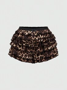 ROMWE Grunge Punk Y2K Gyaru Leopard Print High-Low Layered Ruffle Hem Low Rise Mini Shorts, School