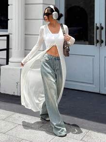 SHEIN EZwear 休闲白色半透明长款开衫 - 白色 - 查看 1