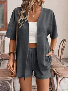 Breezaya 2 chiếc quần vải lanh và áo khoác vải lanh dáng rộng mùa hè dành cho nữ, màu mơ - Màu xám đen - Xem 6