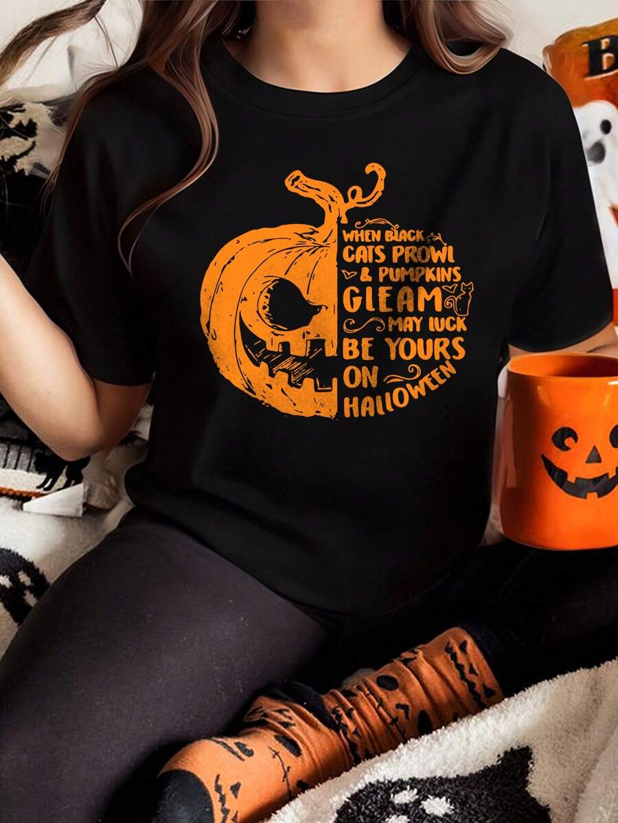 SHEIN LUNE Plus Size Halloween Pumpkin Head Doodle Print T-Shirt - Black - View 1