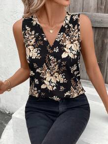 SHEIN Clasi 夏季/春季植物印花无袖 V 领修身女式衬衫/衬衫、无袖上衣