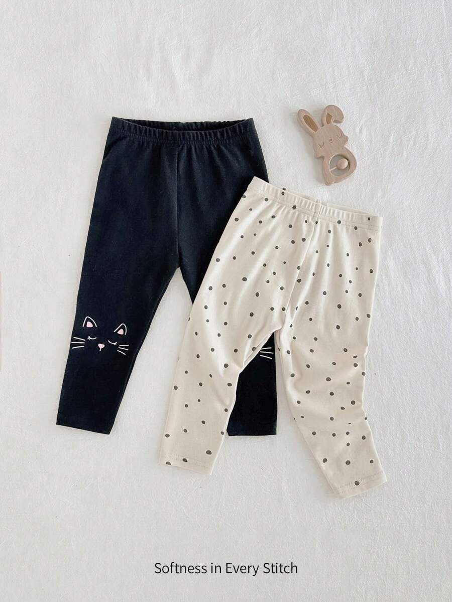 Cozy Pixies 女婴可爱猫咪 & 波尔卡圆点图案针织柔软休闲长裤套装，2 件套 - 黑色 - 查看 1
