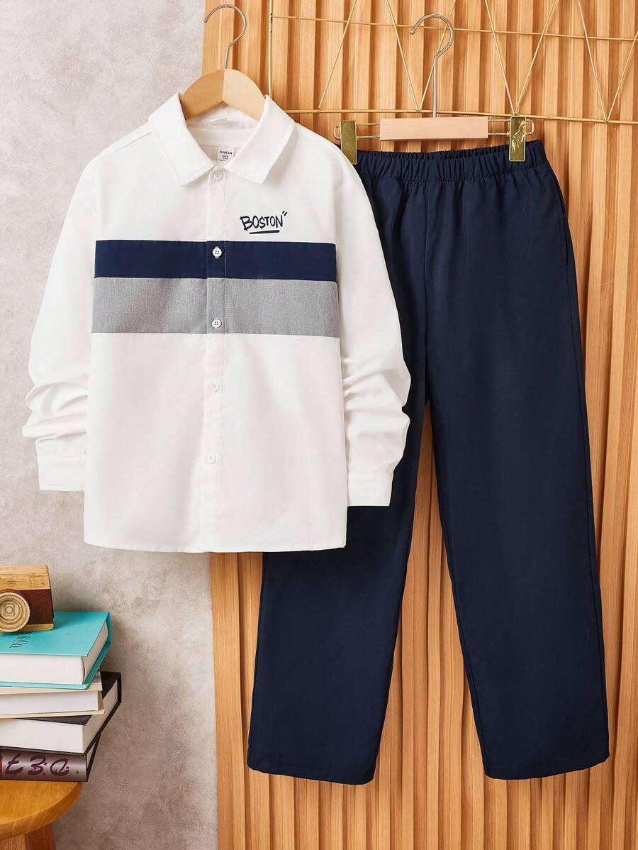 SHEIN Leap Crew 2pcs Tween Boys' Casual Color Block Collar Cardigan Shirt & Solid Color Straight Trousers Set - Royal Blue - View 1