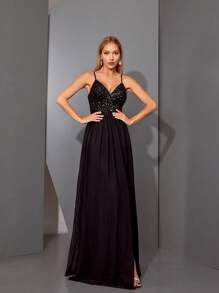 女士深V领亮片拼接雪纺高开衩A字晚礼服长裙派对礼服婚礼宾客礼服正式礼服春假长裙 - 黑色 - 查看 5