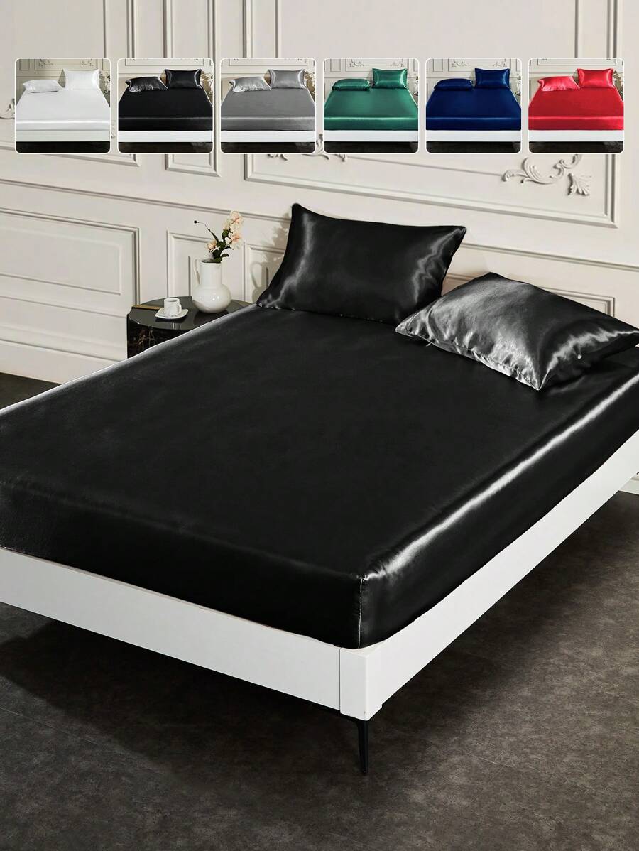 1 件缎面床笠，丝滑触感床垫保护套，无填充物，深口袋床笠，凉爽透气，适合特大床、单人床、双人床、大床、秋季装饰、秋季装饰、房间装饰 - 黑色 - 查看 1