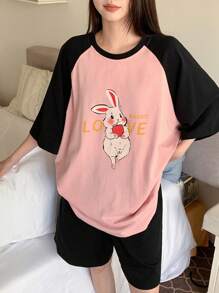 DAZY Women's Cute Rabbit Printed Contrast Color Raglan Sleeve Sleeve T-Shirt And Shorts Design Homewear Set - Pink - View 5