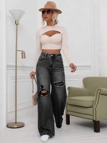 SHEIN EZwear Washed Denim Blue High Waist Ripped Wide Leg Jeans - Black - View 6