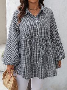 SHEIN LUNE Plus Size Women's Spring/Summer Grid Pattern Lantern Sleeve Loose Cute Doll Shirt