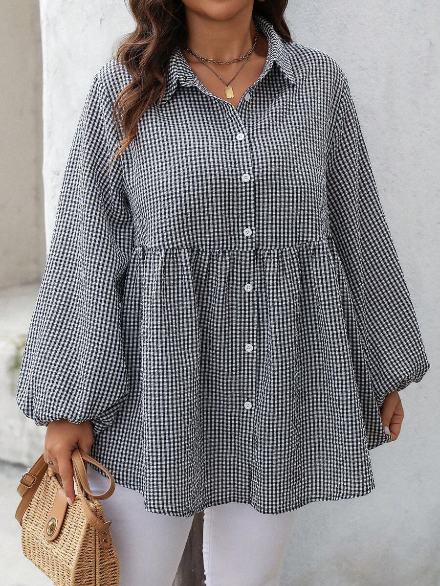 SHEIN LUNE Plus Size Women's Spring/Summer Grid Pattern Lantern Sleeve Loose Cute Doll Shirt