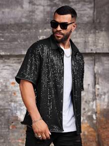 Manfinity Roughcore Plus Size Sequin Splice Casual Short Sleeve Vintage Shirts For Men - Black - View 5