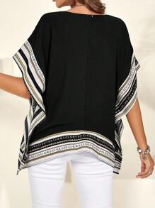 EMERY ROSE 女士夏季拼接网眼V领宽松衬衫 - 黑色 - 查看 2