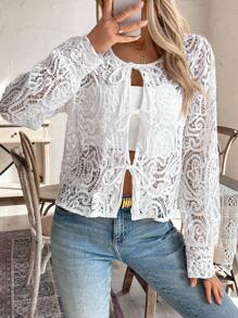 SHEIN LUNE Solid Color Twist Front Sheer Long Sleeve Shirt Fall Cloth For Women - White - View 1