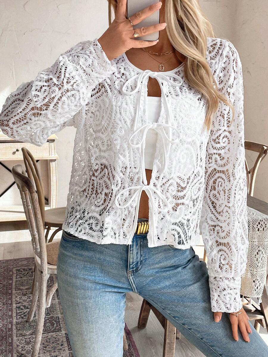 SHEIN LUNE Solid Color Twist Front Sheer Long Sleeve Shirt Fall Cloth For Women - White - View 1