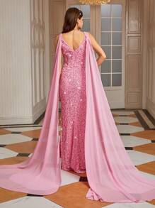 Váy voan xẻ tà cổ chữ V, viền xẻ, đính sequin cho bé gái tuổi teen dùng cho tiệc cưới, tiệc khiêu vũ, tiệc sinh nhật - Hồng - Xem 2