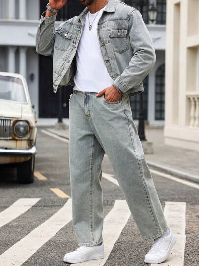 Manfinity Homme Camisa de mezclilla de manga larga con botones y pantalones vaqueros rectos y holgados con bolsillos para hombres de talla grande, otoño