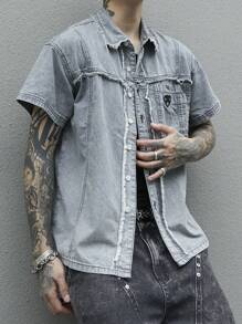 Manfinity EMRG Men Short Sleeve Denim Shirt - Grey - View 4