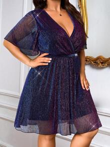 SHEIN LUNE 大码女式 V 领喇叭袖荷叶边下摆渐变色派对/晚礼服，适合派对、情人节 - 紫色 - 查看 5