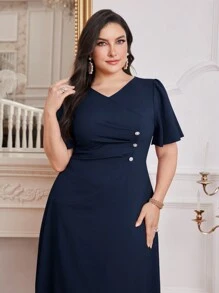 Modelyn Plus Size Women's Summer Solid Color V-Neck Short Sleeve Pleated Elegant Dress Long Evening Dresses