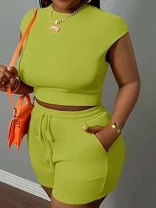 Slaydiva Plus Size Yellow Sleeveless Casual Street Slouchy Slim Sports Shorts Macaron Dopamine Color Shorts Ladies Elastic Waist Suit-F