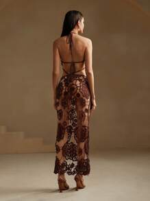 Anewsta Elegant Brown Beach Cover-Up Crochet Knit Dress For Vacation, For Summer - Coffee Brown - View 2