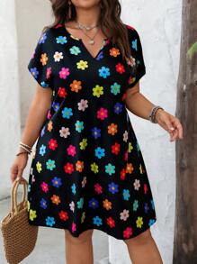 SHEIN LUNE Plus Size Colorful Floral Print Batwing Short Sleeve Vacation Dress With Notched Neck For Women, For Summer,Beach Dress Sundress,Holiday Outfits Boho - Black - View 4
