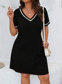 SHEIN LUNE Plus Size Fashionable Casual V-Neck Color Block Knitted Belted Dress In Black For Summer - Black - View 5