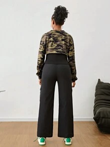 SHEIN Teenage Girls Camouflage Crop Top With Black Strap & Simple Cargo Pants High Street Style Cool 3pcs Outfit