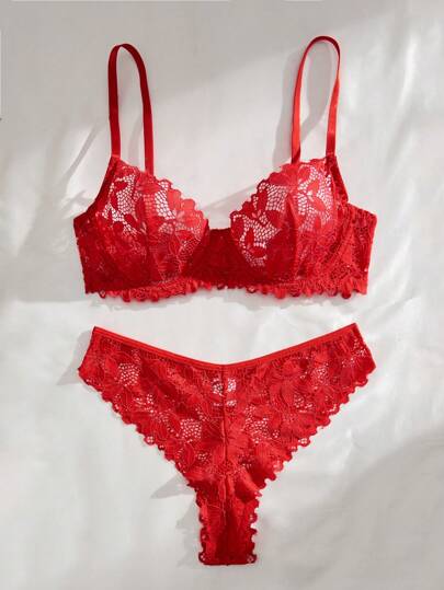 Romantic Doorschijnende Kanten Rood Verleidelijke BH Slipje Lingerie Set view 3