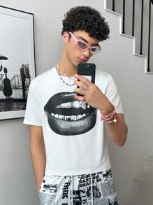 Manfinity VCAY 1 pieza Camiseta de punto blanca de estilo vintage creativa con estampado de pintura al óleo de labios de ángel Madonna para hombre, de corte oversized y estilo casual de la calle, para el verano
