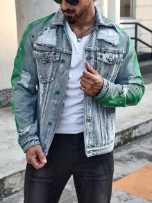 Manfinity Homme Men Plus Tie Dye Ripped Flap Pocket Denim Jacket - Light Wash - View 3