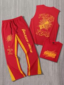 Manfinity EMRG Conjunto de 2 peças com estampa de letras e teia de aranha masculina, regata com gola redonda e cintura com cordão, conjunto de 2 peças, verão - Vermelho - Ver 1